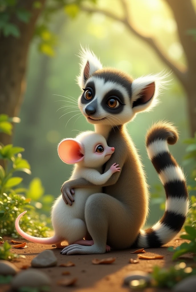 A white mouse and a lemur hugging each other