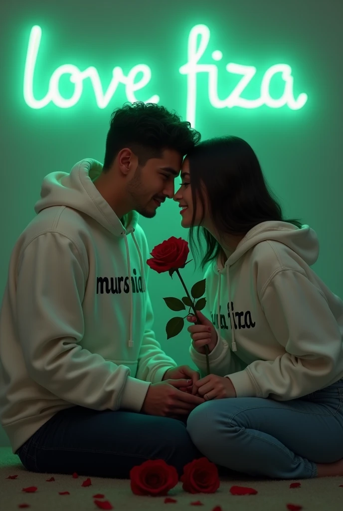 Realistic 2 cute Handsome 28 year guy White Hoodie with 30 year beautiful women in a White Hoodie, the girl has a red rose flower in her hand and is sitting on down floor, written "Murshid" in the boy hoodie and "Fiza" in girl's hoodie, and Murshid love Fiza is written on the green light glow wall text behind.