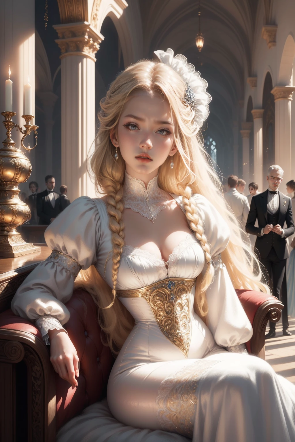 (Masterpiece - Ultra-detailed, very high resolution) Prepare to be enchanted by a true masterpiece that combines ultra-detailed art with high-resolution rendering. This work depicts a mesmerizing woman with very long blond hair (1.3) and captivating light blue eyes (1.2), emanating an aura of elegance and mystery in Victorian settings. The intricate details and realistic textures invite you to explore every aspect of this enchanting composition. Woman wearing beautiful classic Victorian costume from the year 1878. Red lips. Happy face. Smiling. (white dress). Sitting, upper body, dynamic poses. Get ready to dive into a world where beauty and craftsmanship merge perfectly. kissing a man.