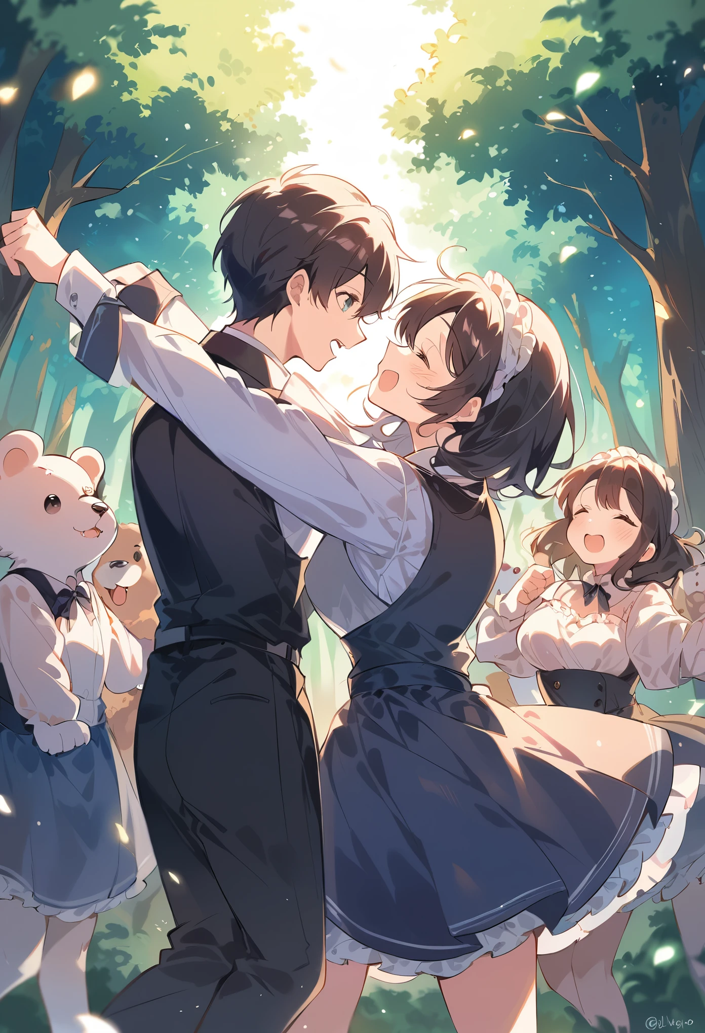 rating_safe, score_9, score_8_up, score_7_up, score_6_up, score_5_up, score_4_up, hires, source_furry(super cute 1girl, bear, pair)singing, dancing, waltz, boys, girls, forest, good lighting,