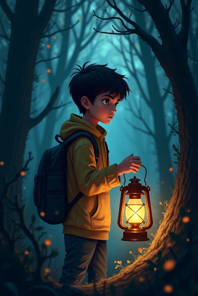 "Create a logo featuring a young boy holding a lantern that emits a soft, warm light, guiding his way through a dark forest. The boy’s expression should be determined, symbolizing his journey of self-empowerment and overcoming loneliness. The lantern light should illuminate the path ahead, representing hope and direction. Use contrasting colors, such as dark blues and blacks for the forest and warm yellows for the lantern light, to emphasize the contrast between darkness and light."