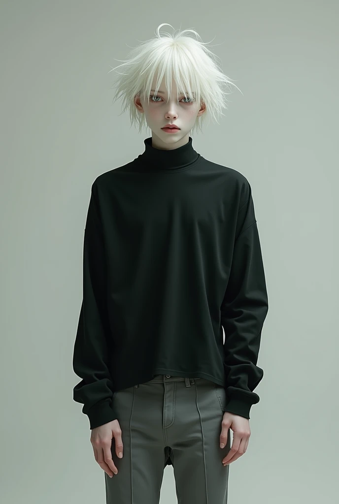 very thin albino male, black long sleeve t-shirt, Gray Skinny Pants, skin is completely white, messy hair.