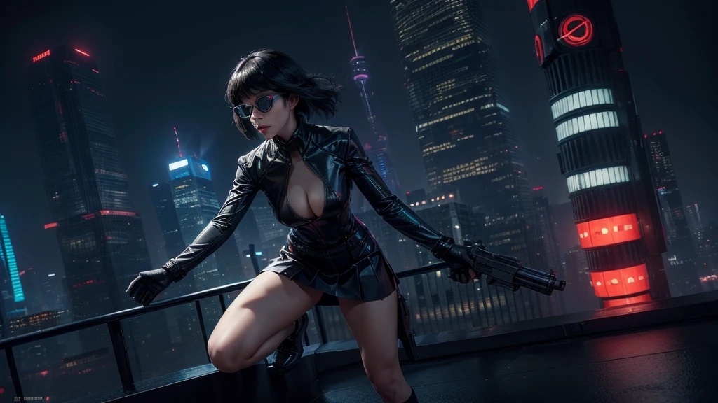 (Wide angle view). "ghost in the shell" film inspired futuristic Tokyo city, simple outlined neon tall buildings, (OLED holographic portrait on buildings), glowing giant clock tower, 1drone, lightning, 3D rendering Beeple. At night, (1girl, solo, alone), photorealistic, medium-breast slim:0.6 body, oval:0.5 face, cleavage:1.1, sexy costume with deep-v, low view pleated miniskirt, glove, (Matrix style black micro sunglasses), ((aiming viewer with a short gun)), (running pose), (half-body thigh level close-up shot), cinematic lighting, ray tracing.