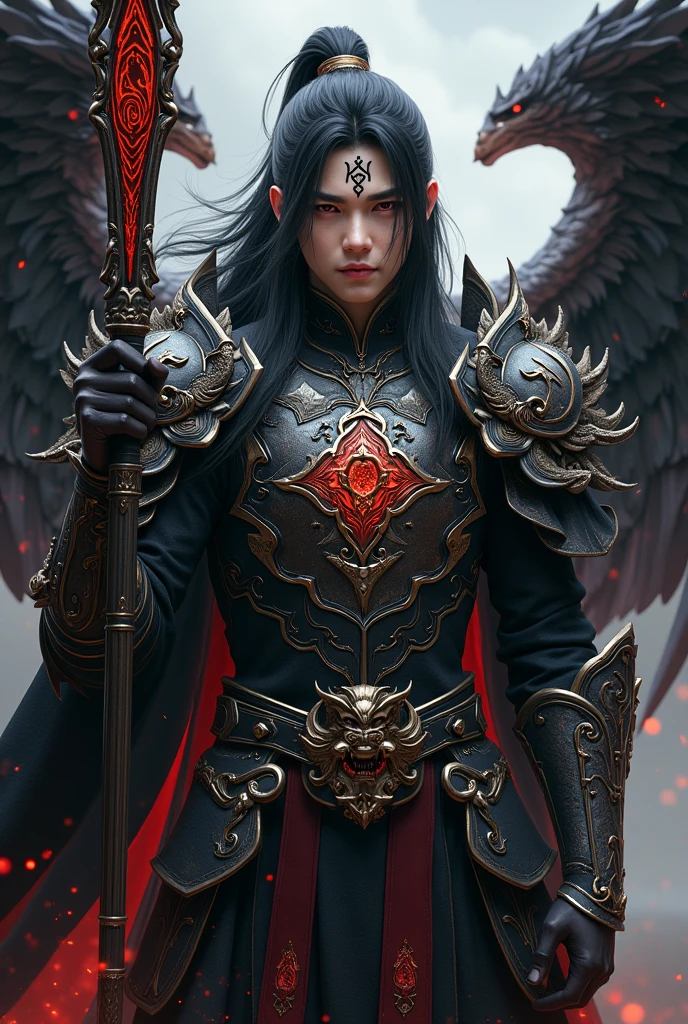 Handsome young early 20 Yo xianxia protagonist,charming handsome,darkest style,dark style,guy,man,long black hair, Crimson red eyes combination ,and long black with ,and the golden rune motiv scratched on his forehead,use armour featuring like God of evil with black and silver dominant color,battle armour of God reference,pauldron protective shape like dragon head,breastplate featuring like qiongqi four perils Chinese beast((search reference for 4 perils Chinese beast qiongqi)),breastplate detailed qiongqi head shape,shoulder protective dragon shape like head red and blue,sun and moon and circling at the background,ultra detail,the tassel of the armour like river of galaxy, combination of black and red dominant color,darkest red dominant color, Crimson dark red dominant color armour,with majestic silver line ,held halberd of abyss,halberd extreme detailed, And demonic wings at back,demonic wings at back,terrifying aura around,24K ultra hd,face and eyes detail,lips and face detail,masterpiece ,better quality