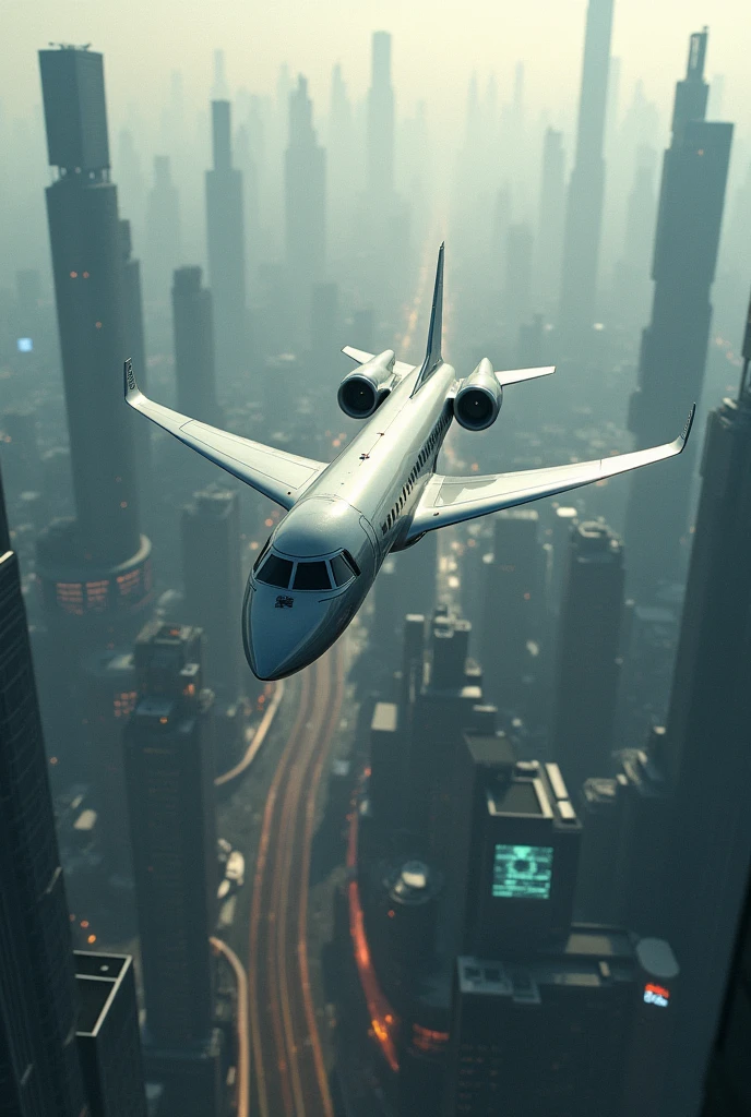 A plane crossing over a futuristic city with cinematic atmosphere and foggy weather