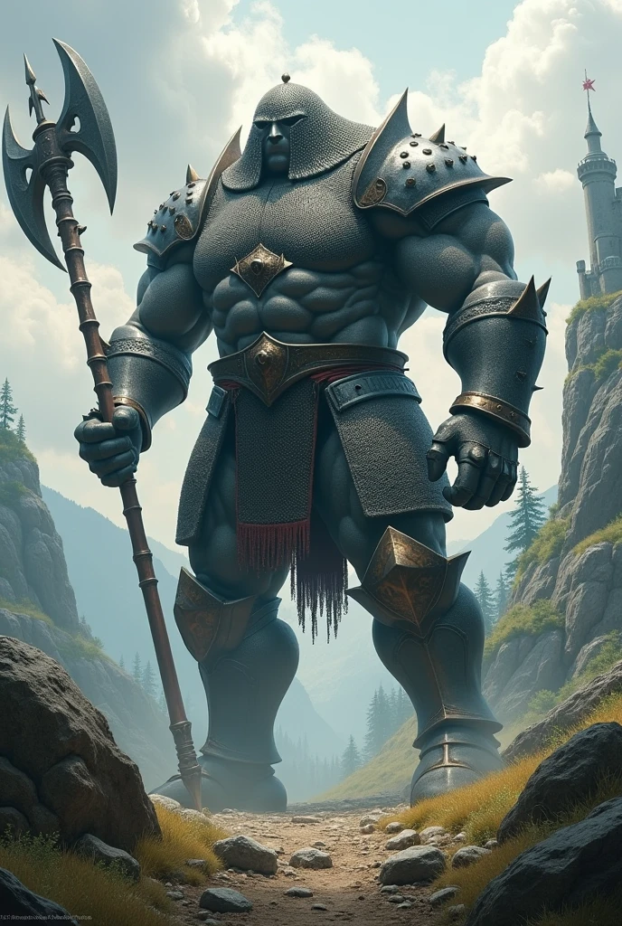 A 3 meter giant with a chain mail breastplate and a feudal halberd in attack stance