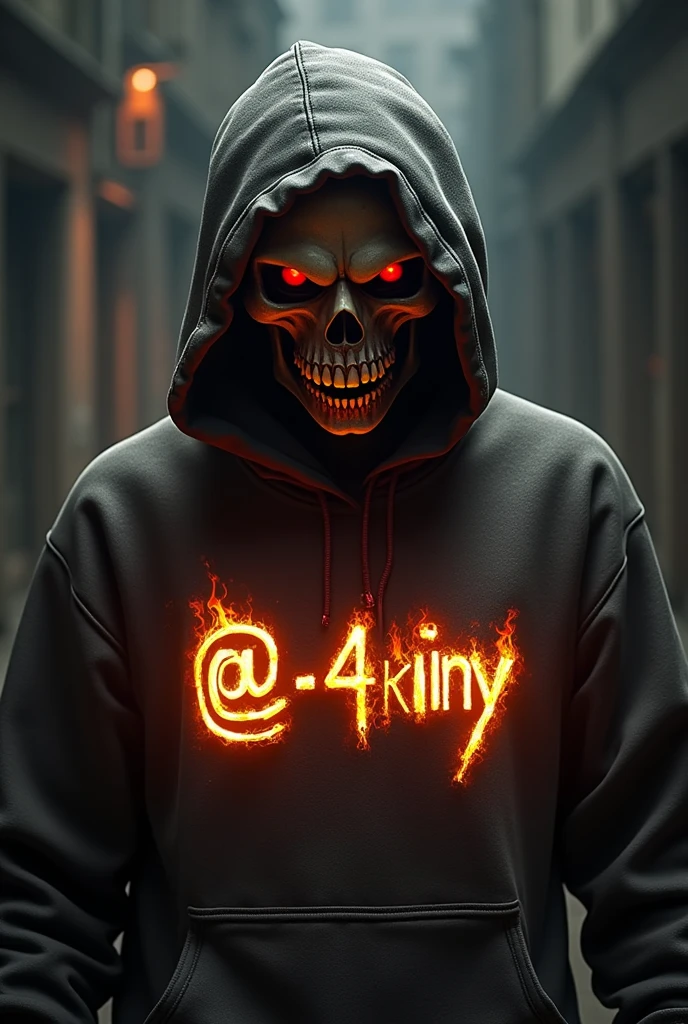 Create a free fire game character with a skull head and a burning sweatshirt with a name @-4k Viny written on scary sweatshirt