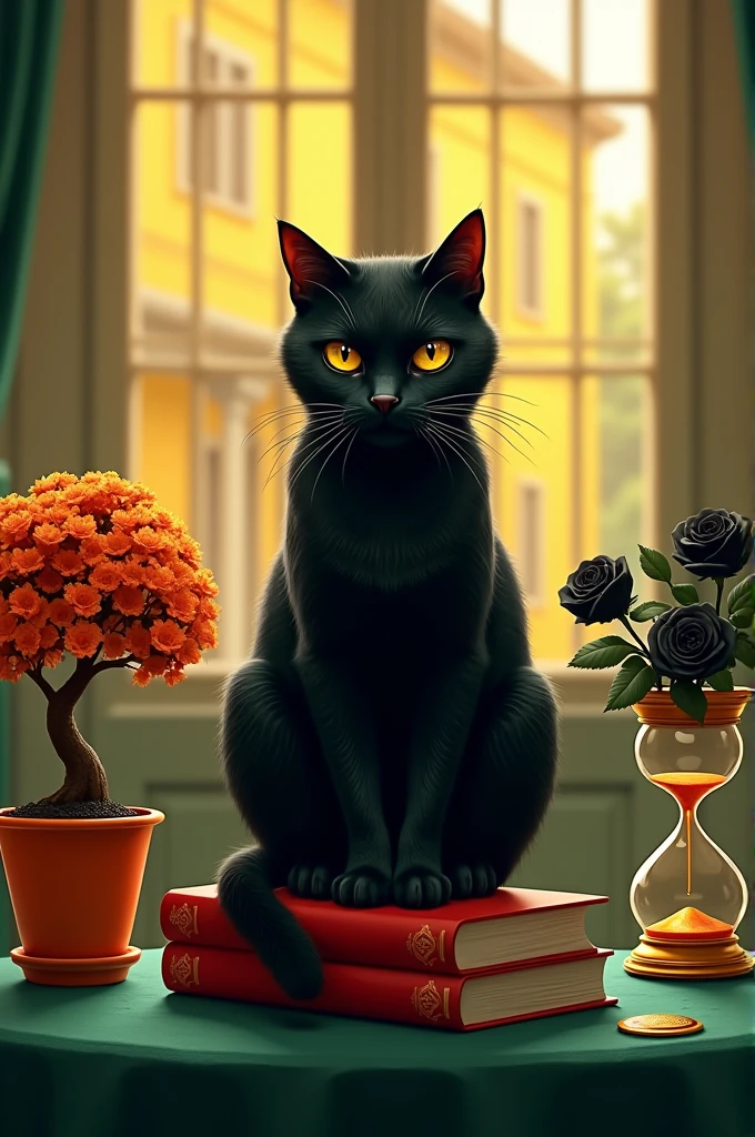 Baroque+romanticism+realism+artstation, soft neutral colors, black cat sitting on a red book, next to a small orange bonsai tree in an orange and red pot, next to a vase with black roses, all on a table of green tones, in a room with windows see mansion deep yellow color, precise lines, very detailed, The cat's anxious facial expression is the most important thing, an hourglass with sand and gold