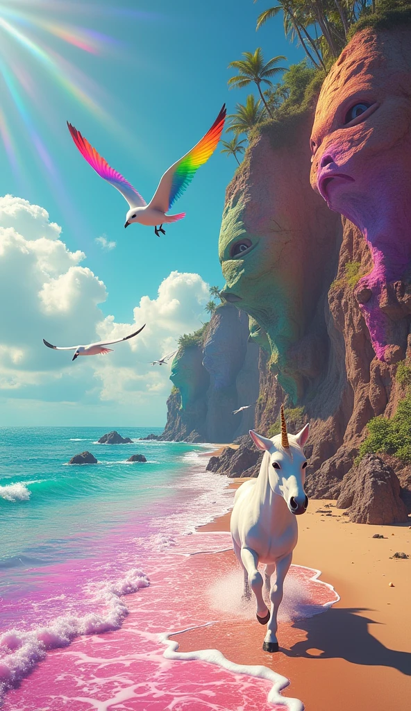 a hyper realistic rendering of a beach where the ocean is rainbow color, cliff is sculpted into multiple head of fish, psychedelic, unicorn can be seen running in the sea, seagulls with the head of a cat, sun ray is rainbow colored, rainbow color, super sharp color, very well defined, 4k