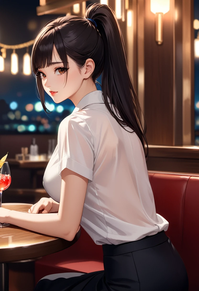 Solo Back view, Bar at night, Broad shoulders, Woman, Seated, Customer seat, Cocktail glass, White collared shirt, Short sleeves, Black long skirt, Ponytail:1.9 Tall and expensive woman:1.9. Short black hair, straight hair, hair tie, bangs swept to the side:1.9. Slanted Eyes, Brown eyes, expensive, Strong-willed, beautiful、Big breasts、adult