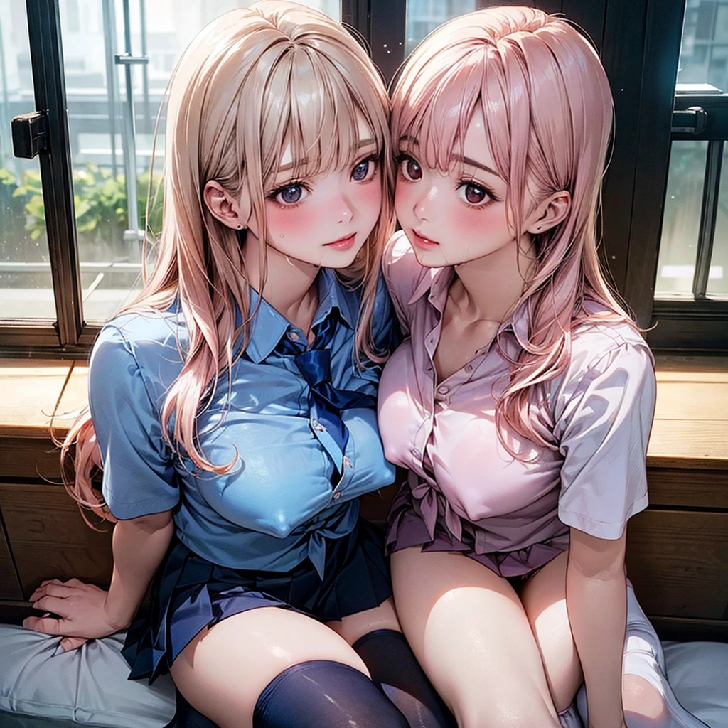 attach the nipples,Connected saliva,kiss,Female couple,Lesbian,caress,kiss,絶頂してる2 people,(masterpiece:1.2, Highest quality), (Realistic, photoRealistic:1.4), Beautiful illustrations, (Natural Side Lighting, Cinema Lighting), Browsing Caution, Love each other, 2 people, Japanese, high school girl, Perfect Face, Cute and symmetrical face, Glowing Skin, slimy skin,Wet Hair,
(Long Hair:1.8, Straight hair:1.7, Light blonde,Light pink hair), Asymmetrical bangs,, (Large Breasts:1.1, Thick thighs),
Beautiful Hair, Beautiful Face, Beautiful attention to detail, Beautiful clavicle, Beautiful body, Beautiful breasts, Beautiful thighs, Beautiful feet, Beautiful fingers,
((Light blue collared shirt, Light pink collared shirt,Navy pleated mini skirt, Knee socks, Untied tie)), See-through shirt、Disheveled clothes,Pink Panties,
(Beautiful views), On the bed, Erect nipples,bottomless