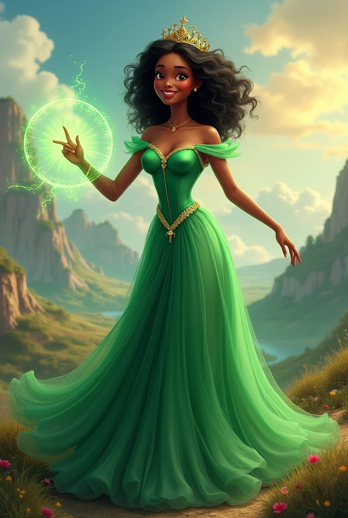 The Princess and the Magic Kiss、ディズニーのBlackプリンセス ティアナの画像を作成してください, Curly, Green dress and crown、Disney Princesses、whole body、(masterpiece:1.2), (Highest quality), (Super detailed), (8k, 4K, Complex),(Half Body:1.2),(cowboy:1.2),(Very detailed:1.2),(Detailed face:1.2), (Detailed Background),(Portraiture),Detailed landscape, (Dynamic pose:1.2),One girl, alone, smile、Black、whole body、Front upright、