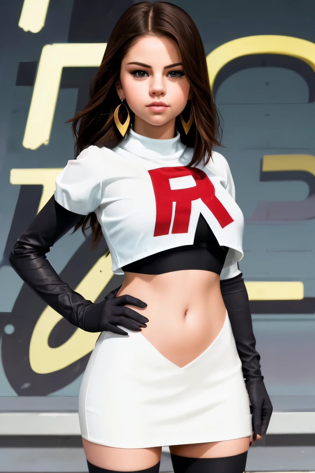 The face of Selena gomez, 1girl, solo, team rocket,team rocket uniform,white skirt,red letter R,crop top,black thigh-highs,black elbow gloves, earrings, large breasts, 