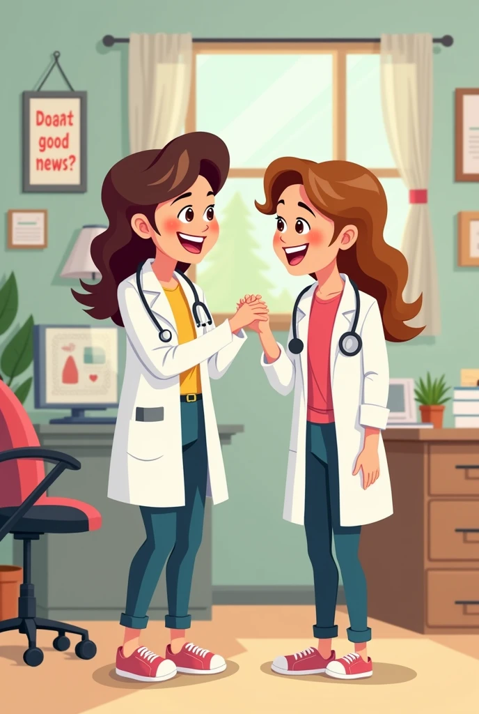 Cartoon drawing of a woman receiving good news from a doctor