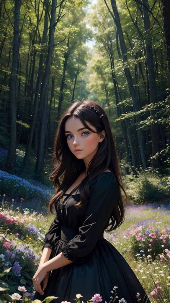 Beautiful brunette girl with blue eyes wearing a black dress in a beautiful forest full of flowers 