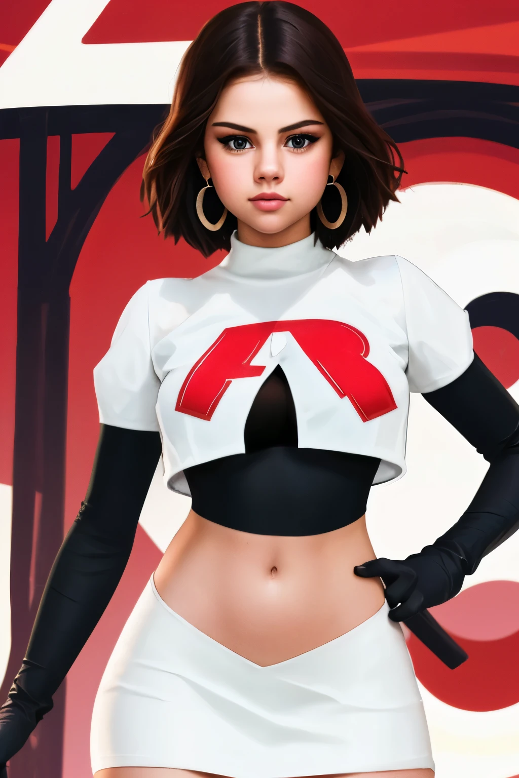 The face of Selena gomez, 1girl, solo, team rocket,team rocket uniform,white skirt,red letter R,crop top,black thigh-highs,black elbow gloves, earrings, large breasts, 