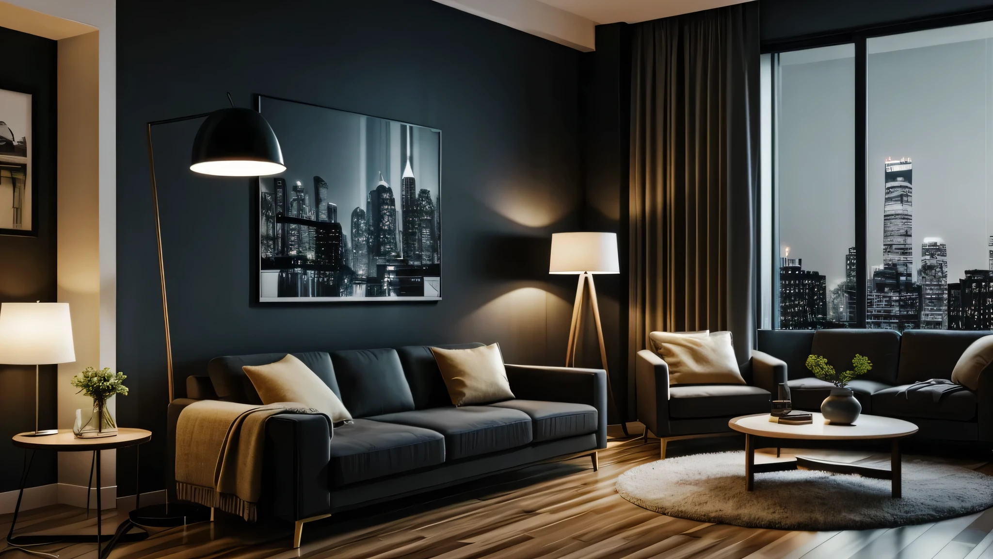 Dark cozy living room in high-rise apartment at night. A floor lamp is on. It's raining heavily outside the balcony.