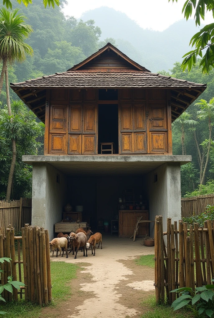 It was a stilt house made of wood and bamboo with concrete footstools for posts and stairs. Such concrete tiny slabs are still present to this day used as base integrated to the new house and The area was 35 sq. meters as evidenced by the concrete slabs which measured five by seven meters and under the house was an open storage for implements and jars. A corner was used as a cornal for goats and sheep that were evacuated from Mangusmana during flood season. The yard was surrounded by bamboo fences with a front gate facing the street of the bulosans.