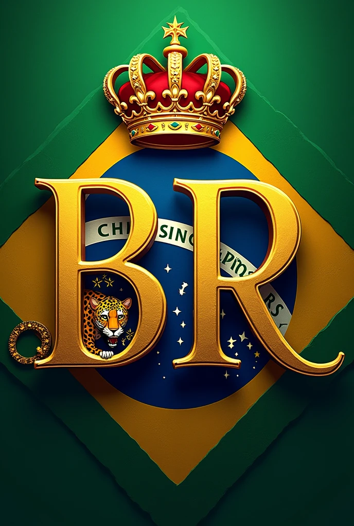 a sentence "ミ★ 𝕭𝖗 ♛" WELL REPRESENTED, with a large crown symbol around it and a background well represented with the typical colors of the Brazilian flag. and a centered BR letter clearly visible in the formatting in the BOLD ITALIC font, COM UMA ONÇA WELL REPRESENTED