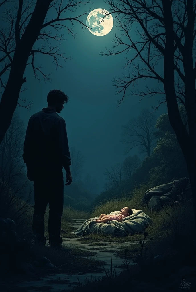 On a dark and desolate night, Among the weeds and garbage of a forest a man finds an abandoned baby