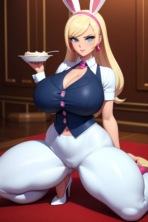 (Barbie), (Pokemon: Jesse), (Female Personification: Whip Cream), beautiful face, structured jawline, 3D, rambunctious, busty blonde, giant breasts, age: 30's, American, white, blue eyes, copious mammary size, enormous inflated breasts, massive knockers, business formal apparel, boss lady, pants, full body pose, tight clothing, BIG BIGONZOS, slim waist line, waist, white collar blouse, rich, bunny outfit, wide hips, voluptuous thighs, adorable hips, straddling male viewer, excessive straddling position, pumped up, inflated super-sized breasts,