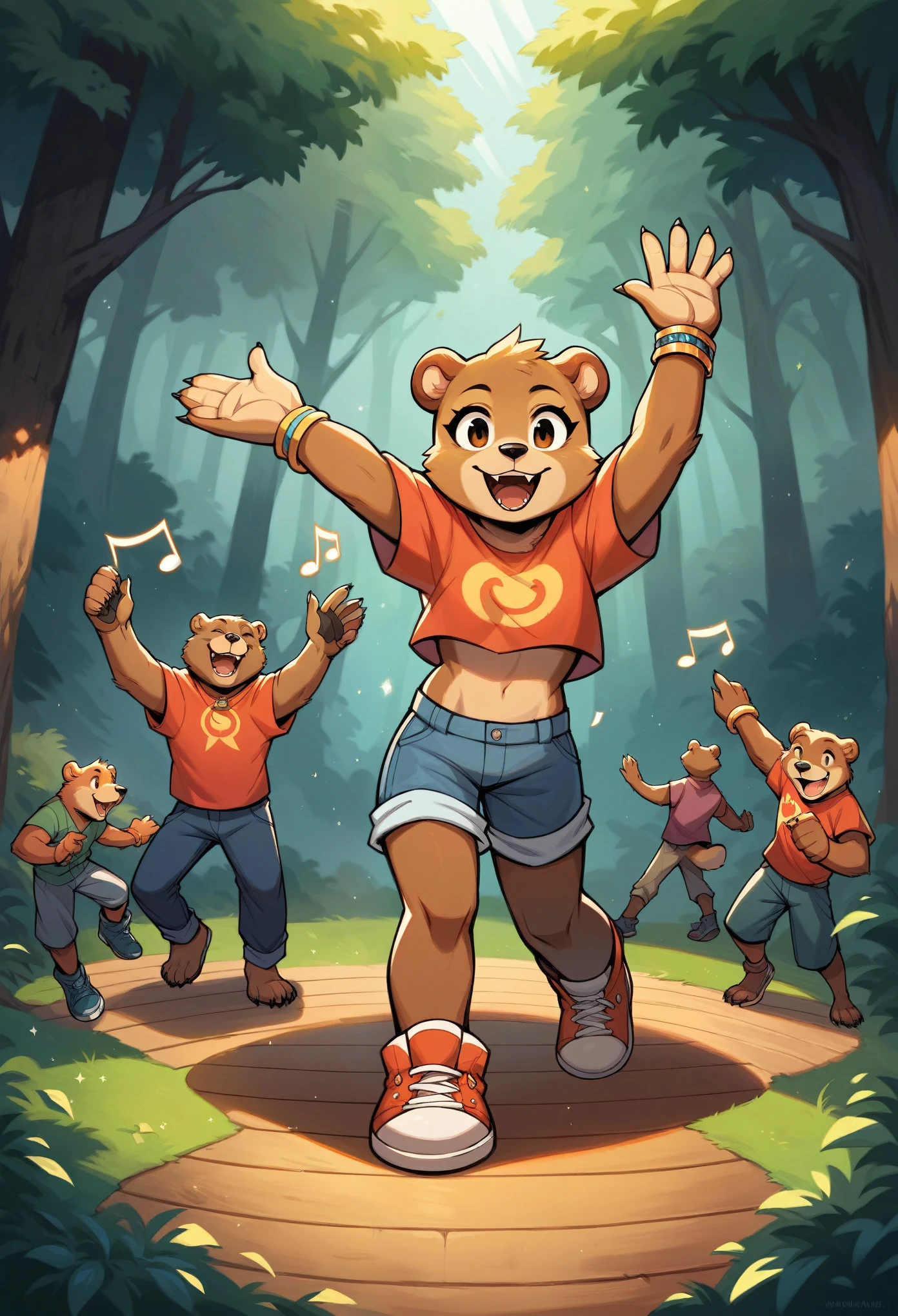 rating_safe, score_9, score_8_up, score_7_up, score_6_up, score_5_up, score_4_up, hires, source_furry(super cute 1girl, bear, pair)singing, dancing, waltz, boys, girls, forest, good lighting,