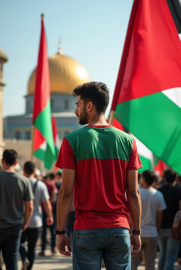 there are palasteen you flags in front A handsome 20 year old boy is standing from front Aqsa،And in his hand is the flag of palasteen،and is wearing a red and green t-shirt with Name HANi_jutt_0 written on the back,and two big palasteen flags in front of him , art painting realistic photo and there are so mini flags of palasteen.