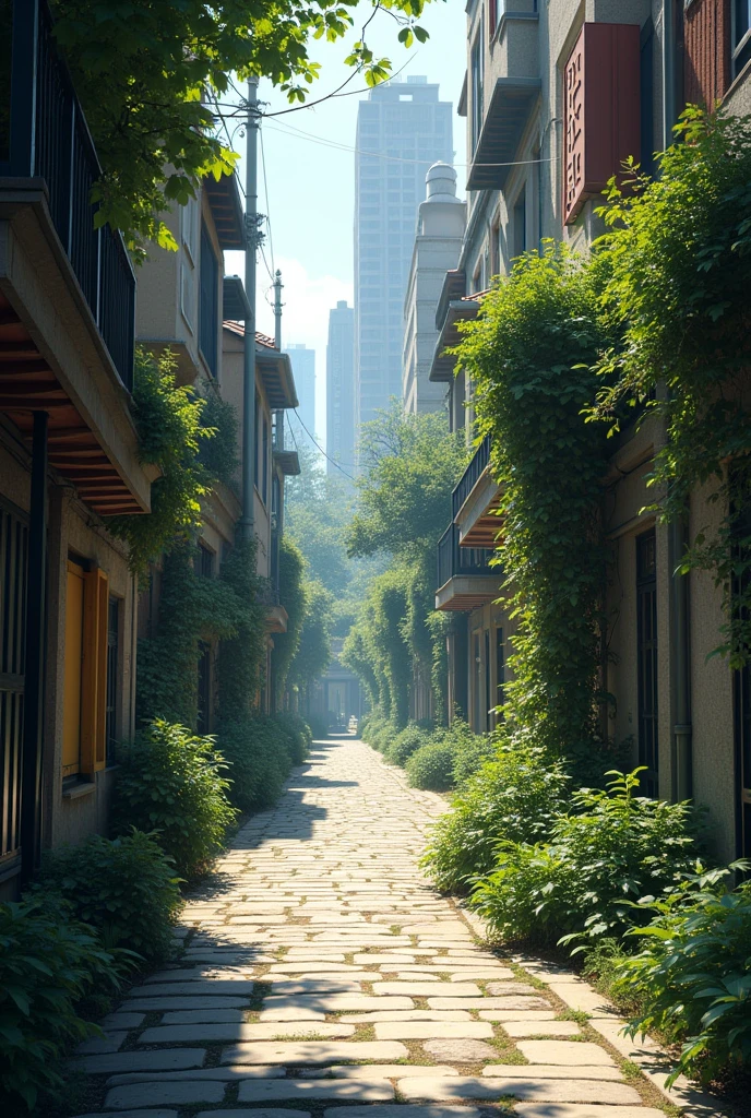 An urban landscape with a winding, narrow concrete street that opens onto a square with vegetation and natural lighting, adapting shadow points to create a striking visual contrast., streets should be lined with buildings of varying heights with architectural elements, the horizon must be undefined