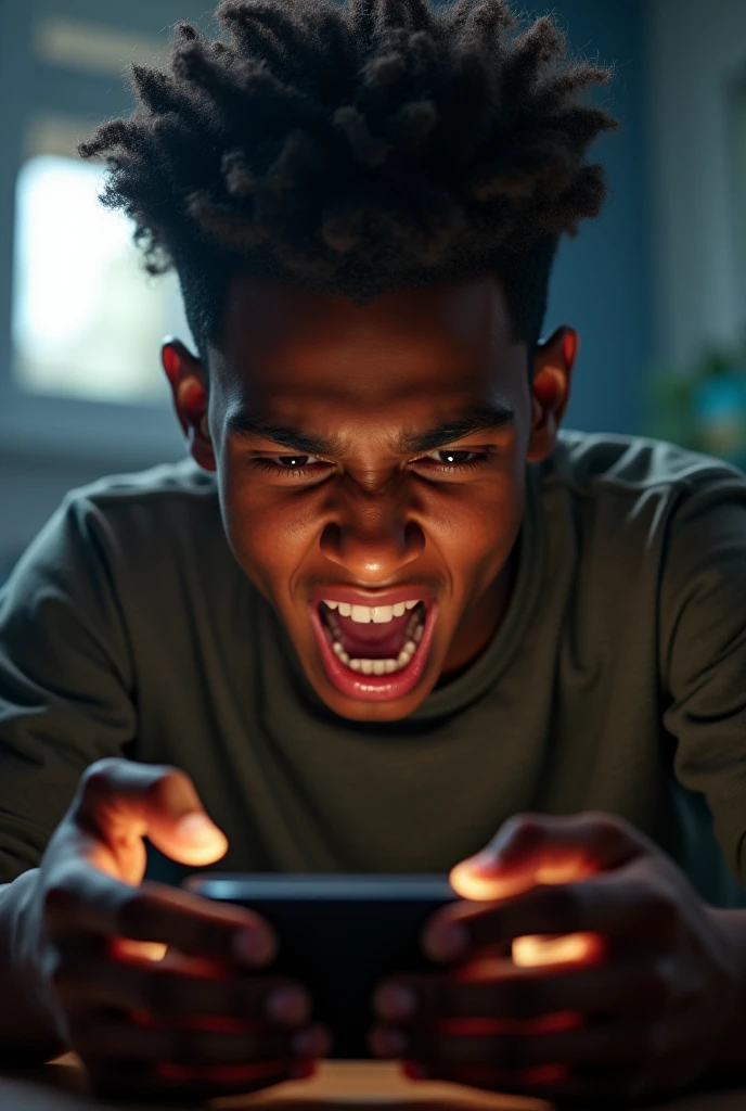 My dark-skinned teenage brother yelling at his cell phone while playing free fire