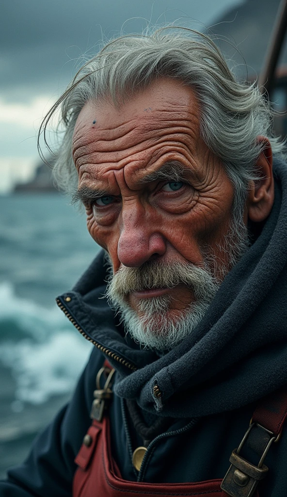 Portrait of a Tough Face (Old Fisherman:1.3), (Face Focus:1.5), (storm:1.2), (Wave:1.3), Ocean, (Lighthouse background:1.3), (Cowboy Shot:1.4), (Knitted sweater with white turtleneck:1.3), View your viewers, Realistic, masterpiece, Highest quality, Backlight, (Lens flare:1.1), (bloom:1.1), (chromatic aberration:1.1), Jeremy Lipking, Antonio J.. Manzanado, Digital Painting