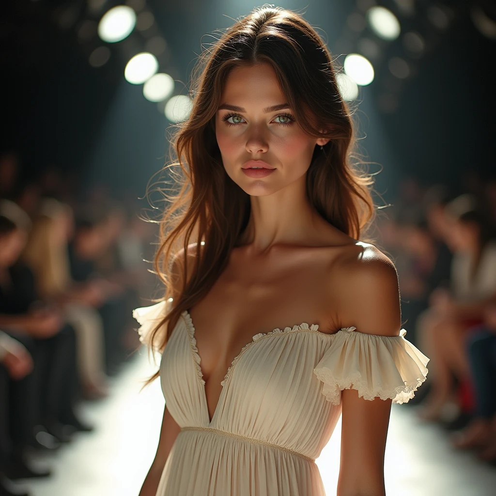 (photorealism:1.2), (full body shot:1.9) Beautiful, stunning, gorgeous, stunning woman, brown hair, green eyes, slender legs, soft features, muse, goddess, realistic skin, extremely detailed full body shot of a strikingly stunning woman, off-shoulder pleated dress, fashion show