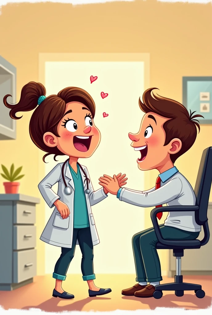Cartoon drawing of a person receiving good news from a doctor 