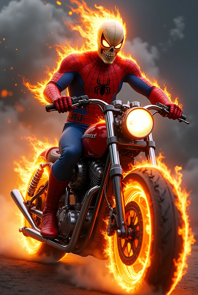 Spider-Man in ghost Rider look with ghost Rider bike, full body