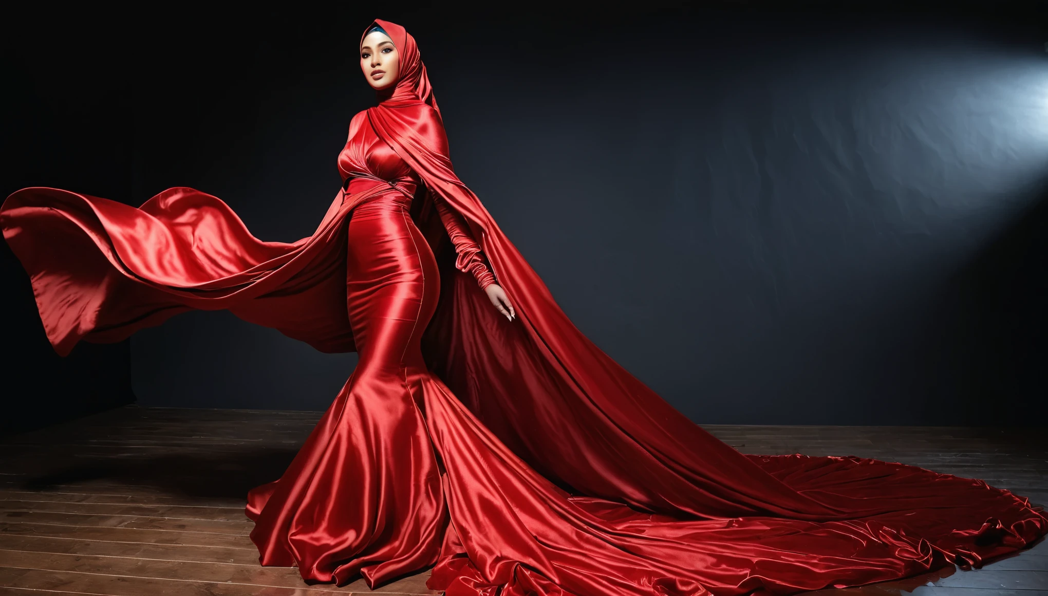 A woman shrouded in a 10-meter-long, plush red satin cloth, tightly bound and grandly draping along the form of her body, flowing off into a pooled floor-length train, styled in a mermaid-inspired outfit, her head modestly veiled in a satin hijab, tall woman, walking in photo studio, a full-body pose posing in front of people, captured in a 4k resolution, ultra-realistic