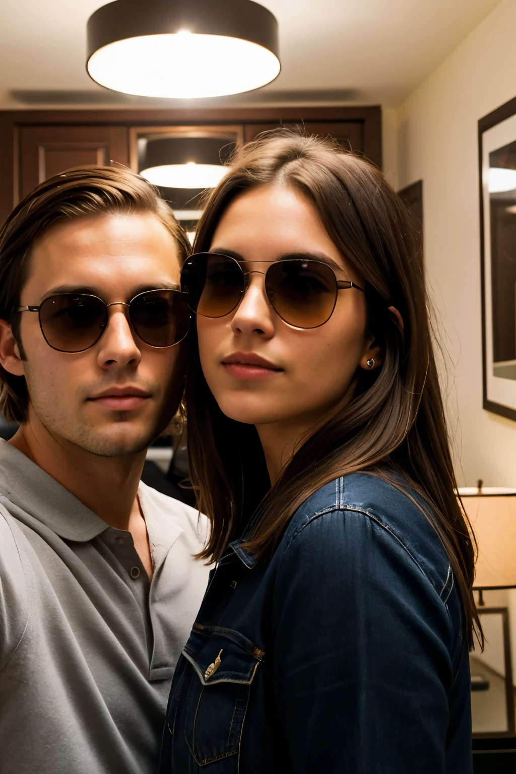A man with brown hair, round face, and He has to wear blackout sunglasses, and a woman with brown hair, From a selfie point of view in a apartment. Extremely realistic. At nighttime