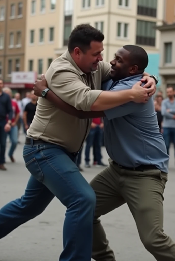 White-skinned man assaulting a black-skinned man