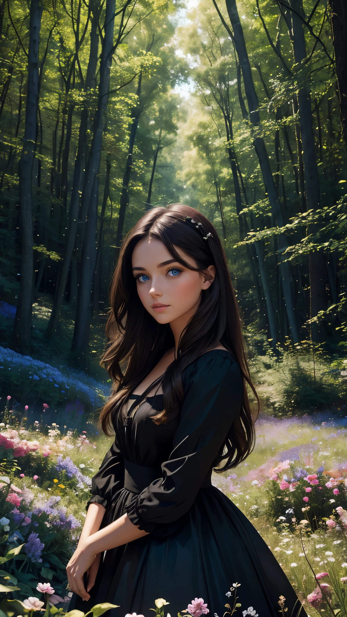 Beautiful brunette girl with blue eyes wearing a black dress in a beautiful forest full of flowers 