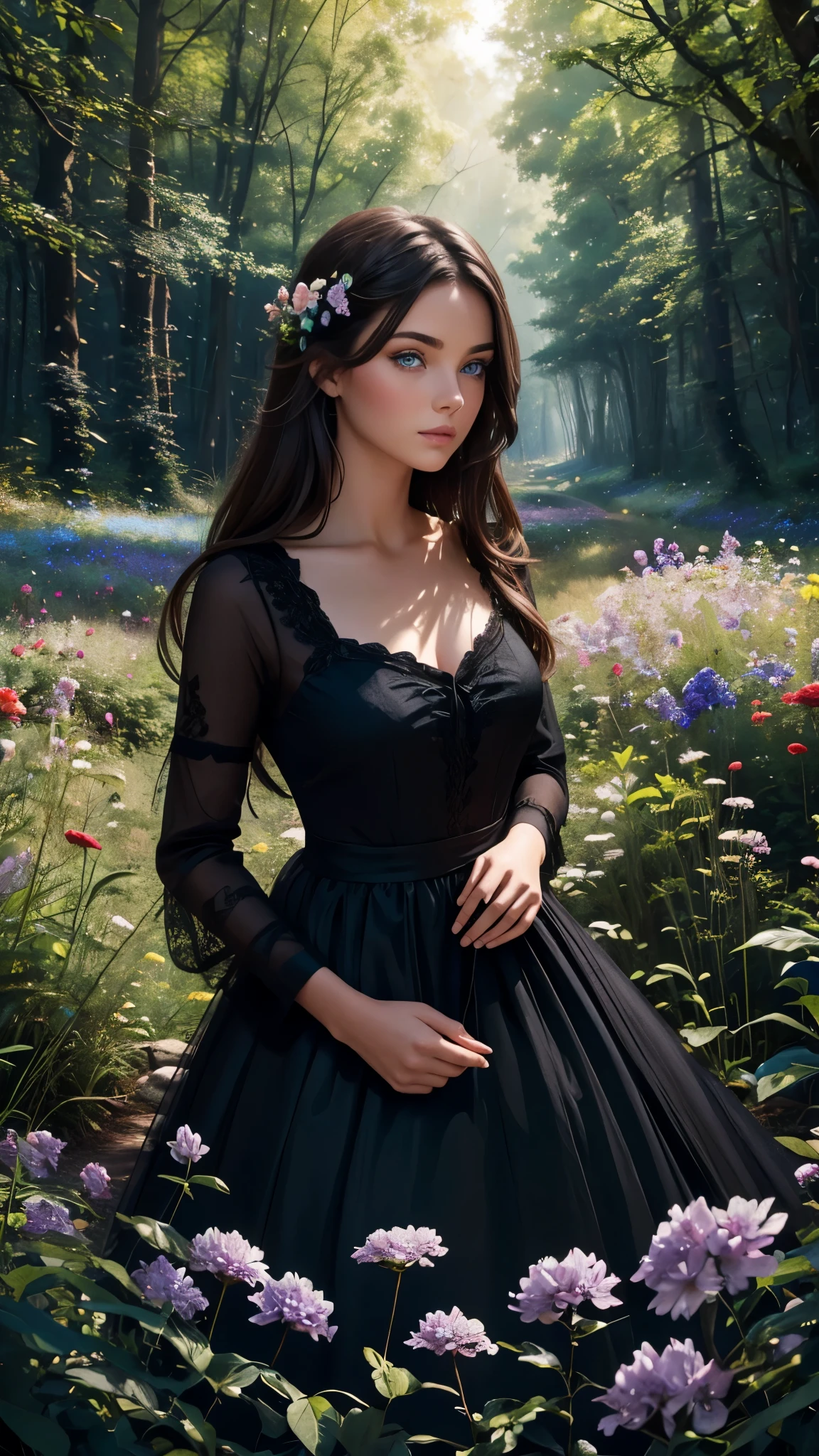 Beautiful brunette girl with blue eyes wearing a black dress in a beautiful forest full of flowers
