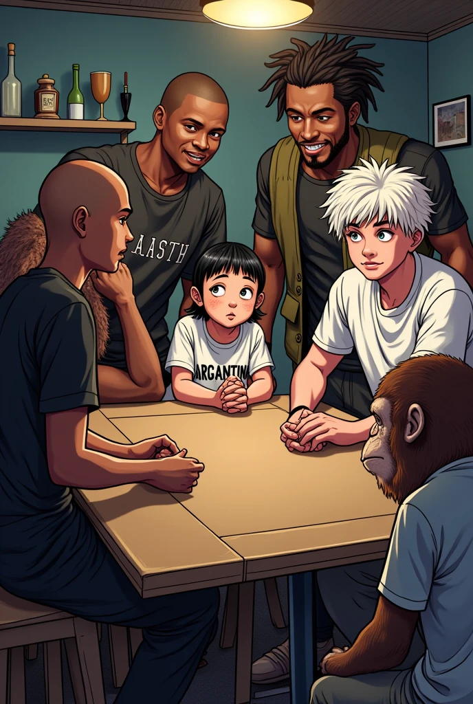 an image with 5 people sitting at a large table, a young bald black man in a black t-shirt, a short young woman with bangs and an argentina shirt, a young man with messy, wavy white hair wearing a white t-shirt and baggy pants, a tall young black man with dreadlocks wearing a military vest, and a slightly tall chimpanzee. Made with thick, gothic anime lines
