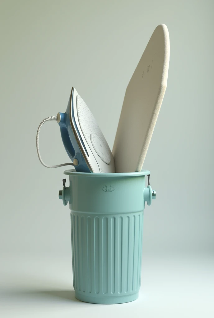 1 ironing board stuffed into a trash can