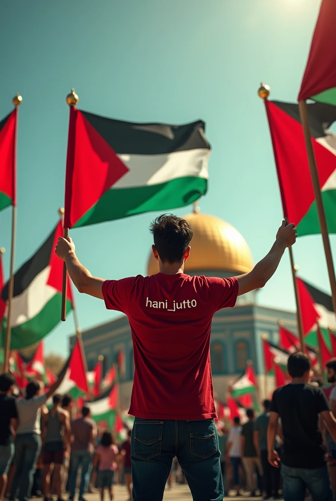 there are palasteen you flags in front A handsome boy is standing from front Aqsa،And in his hand is the flag of palasteen،and is wearing a red and green t-shirt with Name HANi_jutt_0 written on the back,and two big palasteen flags in front of him , art painting realistic photo and there are so mini flags of palasteen.