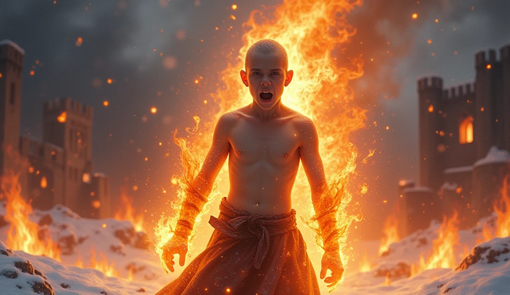 A targaryen teenager boy with  bald and purple eyes, Winterfell burning scenary, snow, shirtless, screaming, flame burning body aura, medieval style