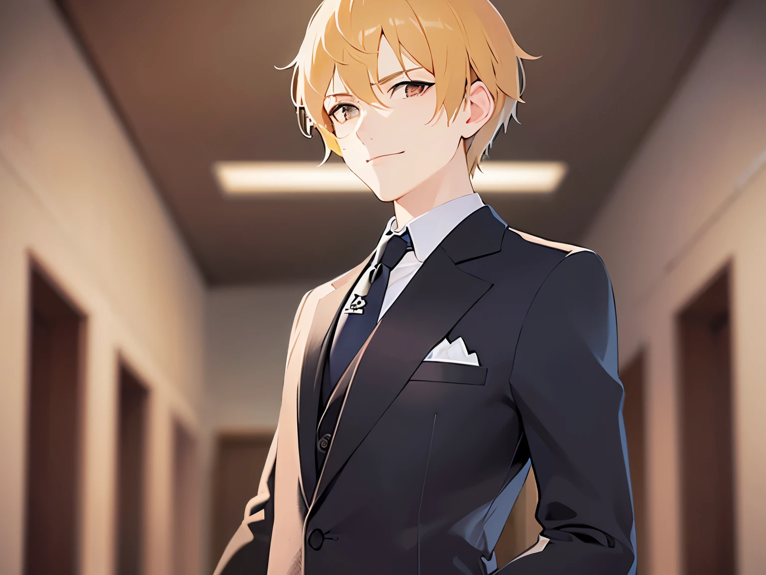 shiny skin,masterpiece,Highest quality,BREAK ld male:1.5) and (Blonde short hair) and (Orange eyes), (Wearing a suit:1.3) and (tie) BREAK,(Shrug:1.3),(smirk),The background is the office,(alone:1.5)