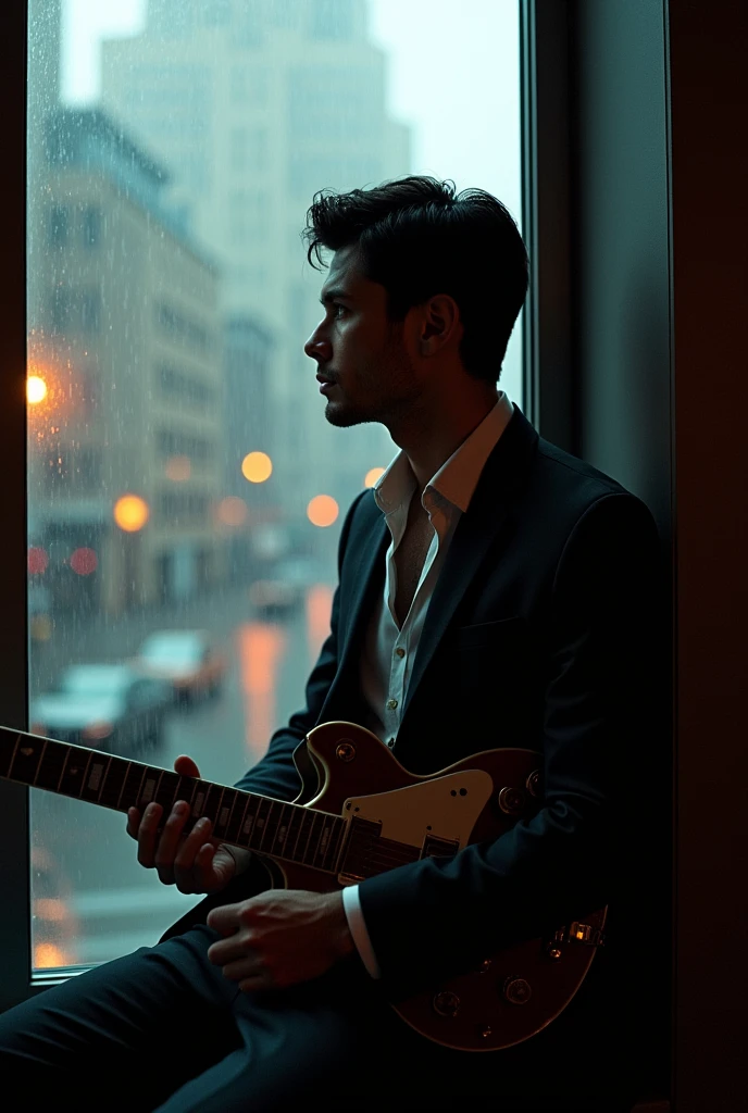 elegant man in suit, he is looking out the window and it is raining, he is with his Gibson electric les paul guitar.