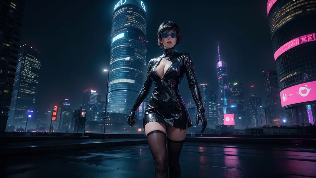 (Wide angle view). "ghost in the shell" film inspired futuristic Tokyo city, simple outlined neon tall buildings, (OLED holographic portrait on buildings), glowing giant clock tower, 1drone, lightning, 3D rendering Beeple. At night, (1girl, solo, alone), photorealistic, medium-breast slim:0.6 body, oval:0.5 face, cleavage:1.1, sexy costume with deep-v, low view pleated miniskirt, glove, (Matrix style black micro sunglasses), ((aiming viewer with a short gun)), (running pose), (half-body thigh level close-up shot), cinematic lighting, ray tracing.