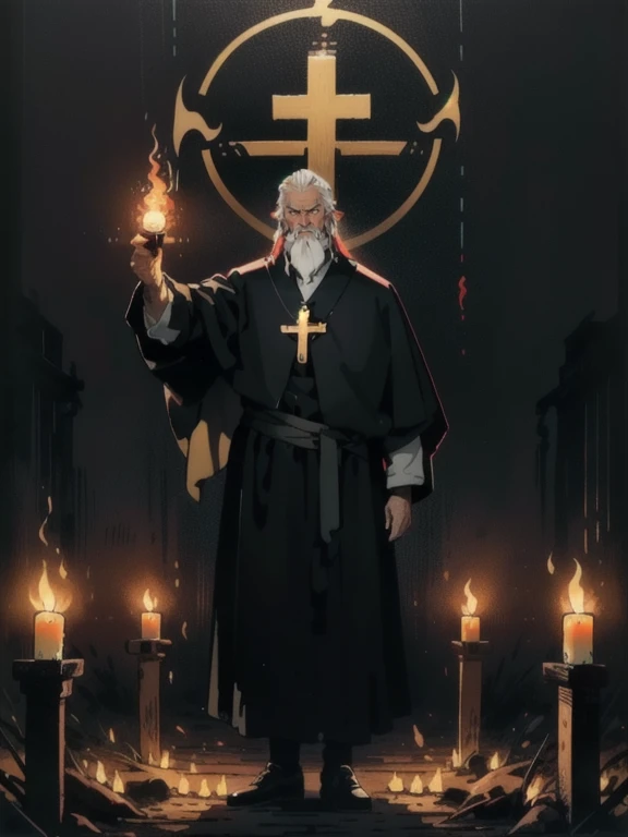 (masterpiece, Highest quality;1.3),(Movie Posters:1.2), 1 person, male_concentrated, Priest, elder, beard, A stern expression, holding up a cross in his right hand, Candlelight, View your viewers, Calligraphy characters, Long Shadow, Dark Room,Symmetrical Configuration, Super detailed