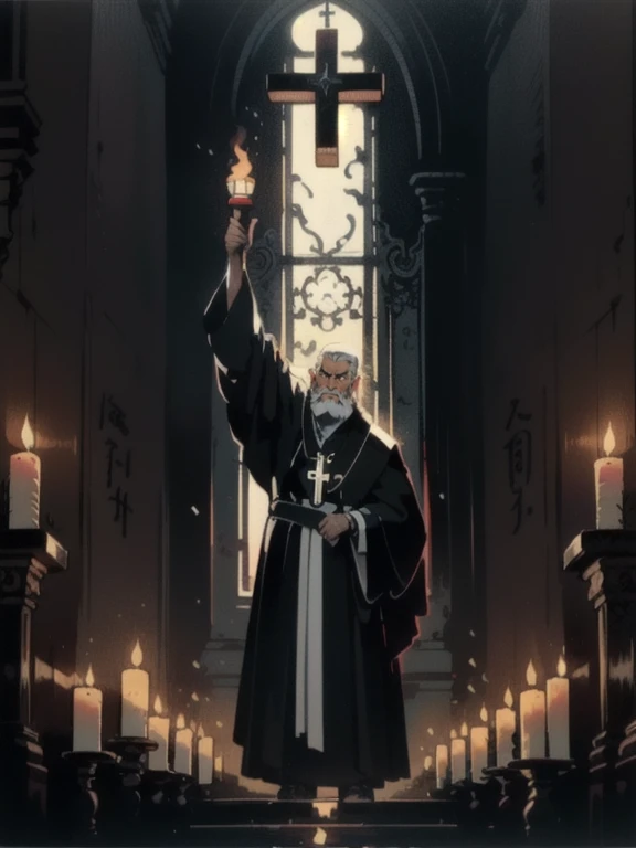(masterpiece, Highest quality;1.3),(Movie Posters:1.2), 1 person, male_concentrated, Priest, elder, beard, A stern expression, holding up a cross in his right hand, Candlelight, View your viewers, Calligraphy characters, Long Shadow, Dark Room,Symmetrical Configuration, Super detailed