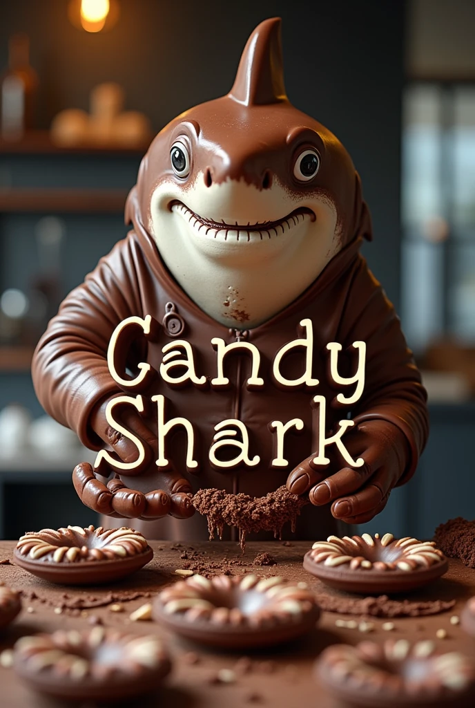 A logo with the name CANDY SHARK and the description ARTISANAL SWEETS in Portuguese  , with a chocolate confectioner shark as the background image 
