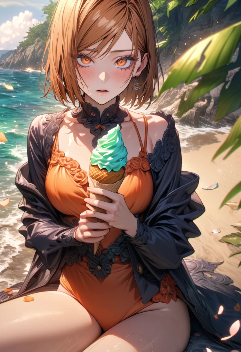 Ultra detailed, Highres, absurdres, HDR, master piece, Kugisaki Nobara, ginger hair, short hair, expressive orange eyes, Jujutsu Kaisen, woman sitting, extremely beautiful, solo, beach, orange swimsuit, water, green leaves, glittering, petals, fantasy, close up, magical, holding ice cream,