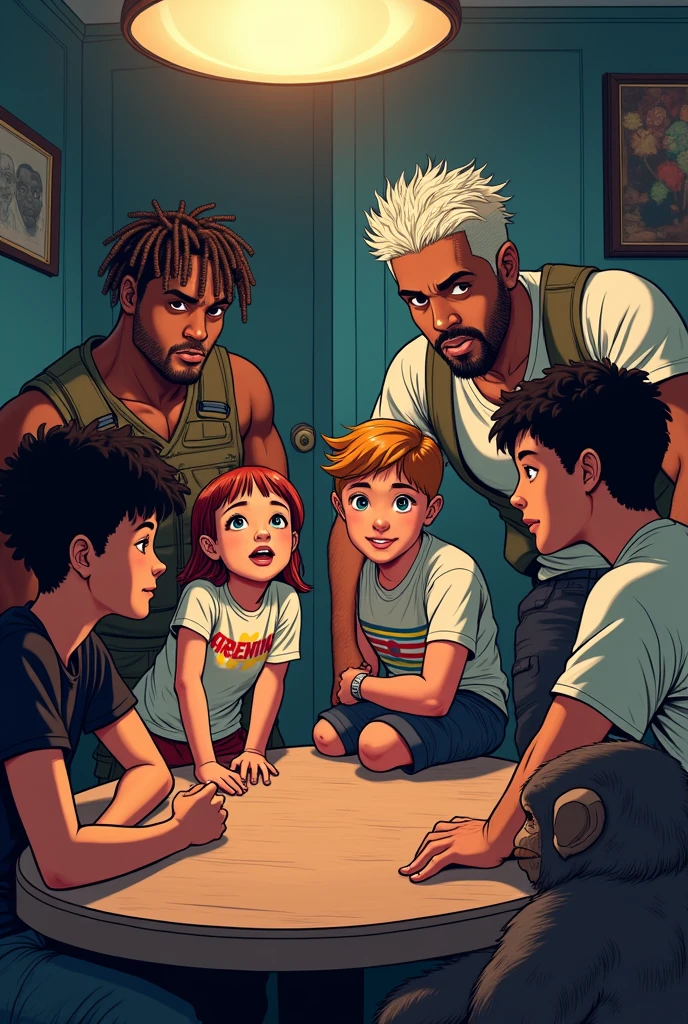an image with 5 people sitting at a large table, a young bald black man in a black t-shirt, a short young woman with bangs and an argentina shirt, a young man with messy, wavy white hair wearing a white t-shirt and baggy pants, a tall young black man with dreadlocks wearing a military vest, and a slightly tall chimpanzee. Made with thick, gothic anime lines
